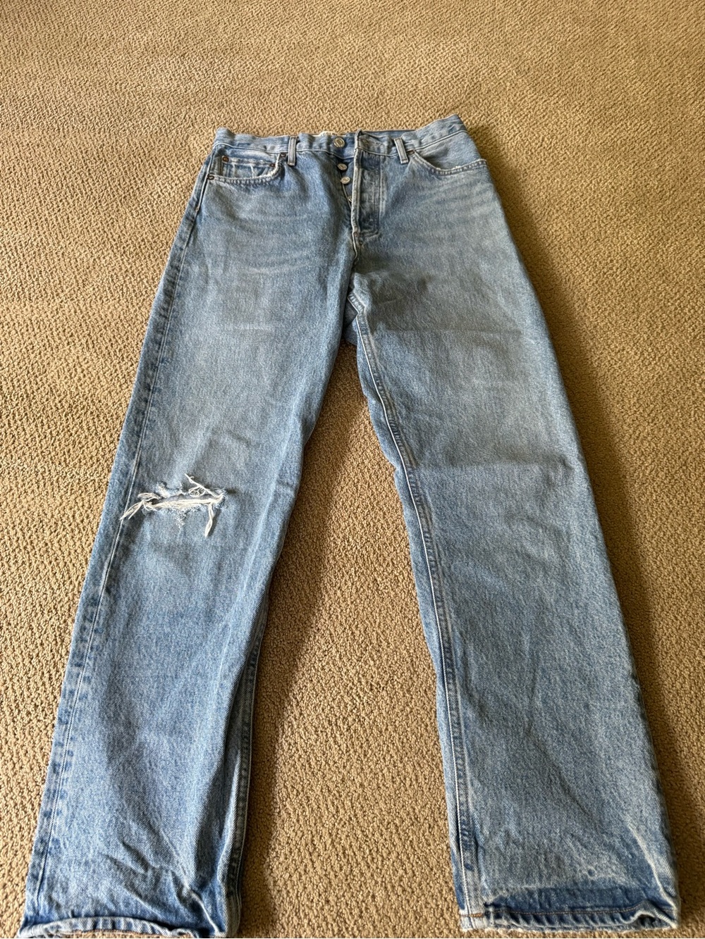 Agolde Light Wash Straight-Leg Jeans with Knee Rip